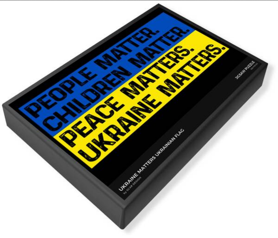 Rectangular jigsaw puzzle box with blue and yellow typographic design