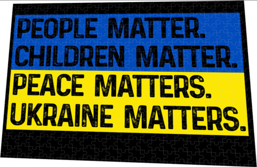 Ukraine-themed jigsaw puzzle with blue top, yellow banner, and large text