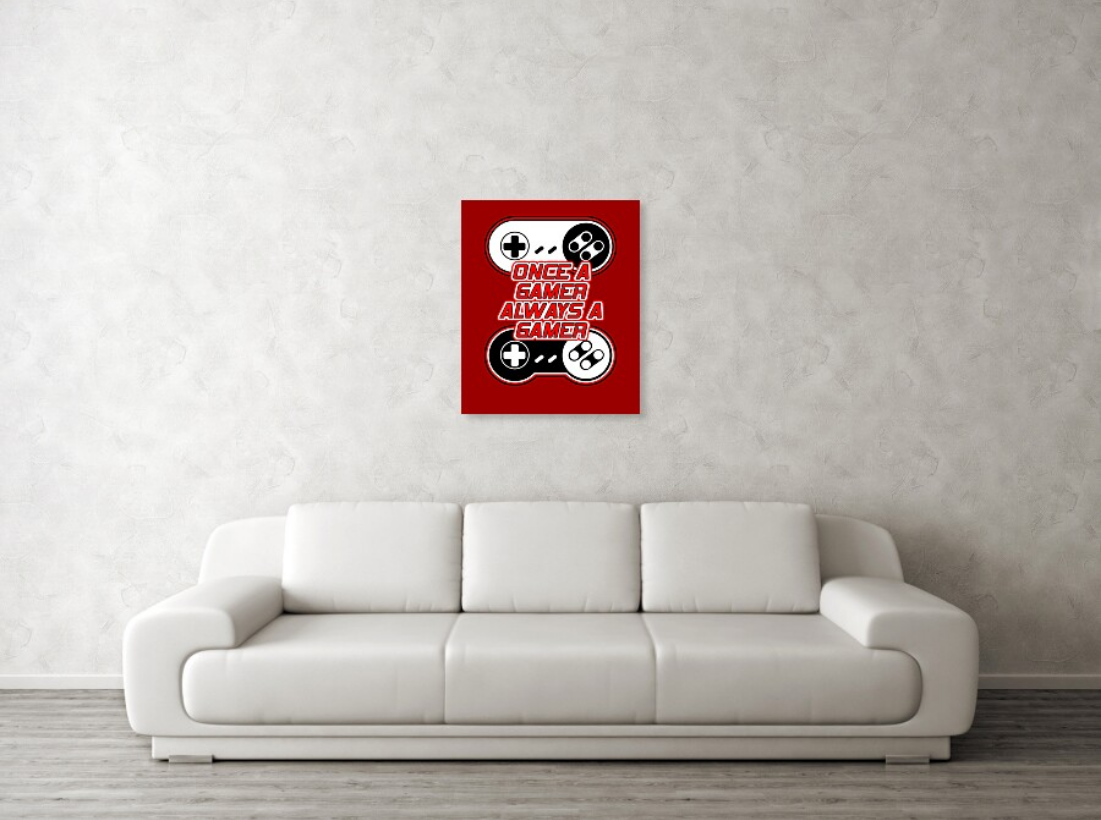 Retro gaming art print poster showing a red panel with controller icons and slogan