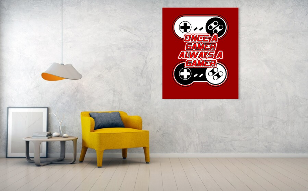 Retro gaming art print poster featuring a red panel with controller icons and stacked slogan