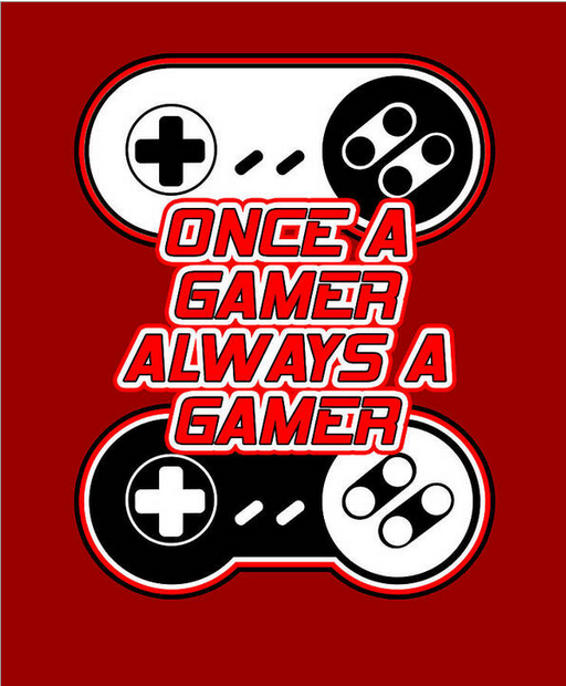 Retro gaming art print poster with game controller icons and slogan on red background