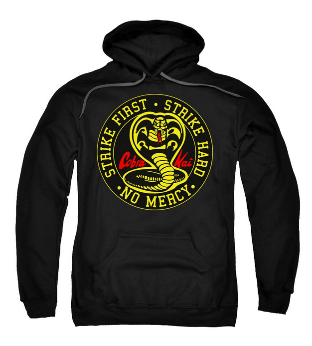 Black hoodie sweatshirt with front Cobra Kai circular emblem and front pocket