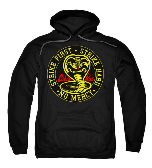 Black hoodie sweatshirt with front Cobra Kai circular emblem and front pocket