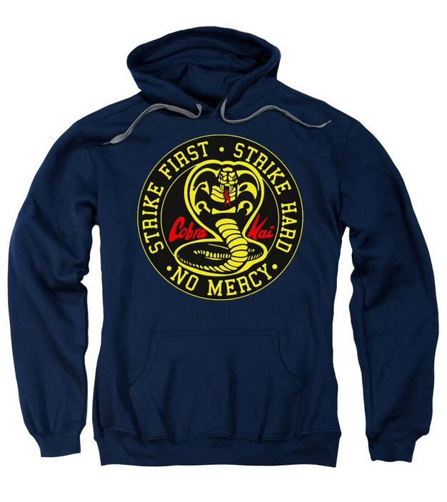 Navy hoodie sweatshirt with front Cobra Kai circular emblem and front pocket