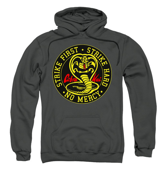 Charcoal gray hoodie sweatshirt with front Cobra Kai circular emblem and front pocket