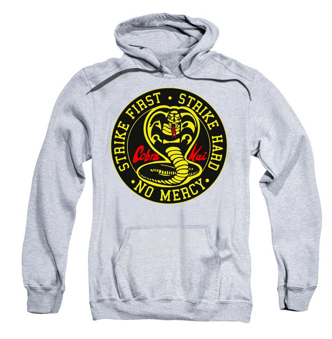 Light gray hoodie sweatshirt with front Cobra Kai circular emblem and front pocket