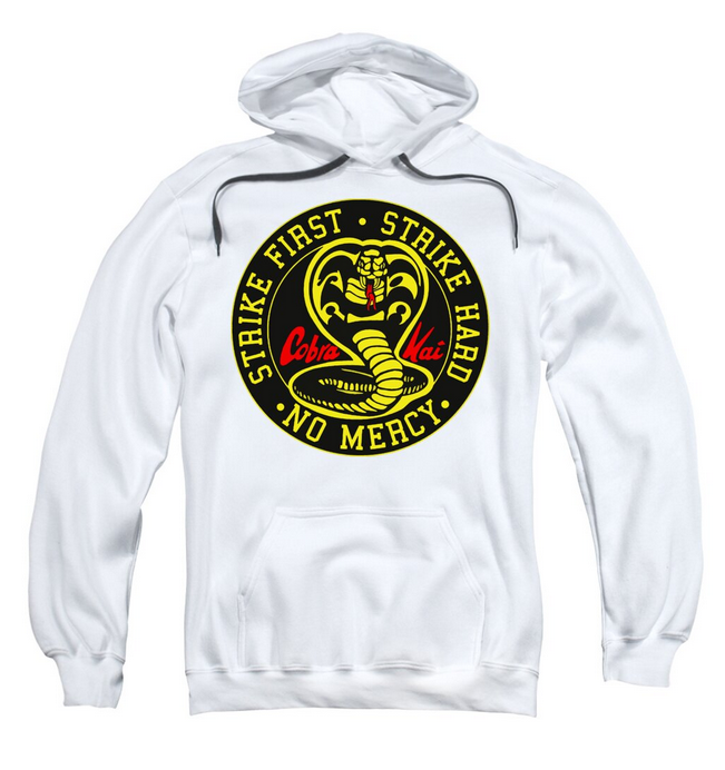 White hoodie sweatshirt with front Cobra Kai circular emblem and front pocket