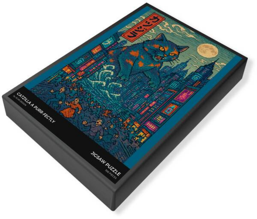 Monster cat jigsaw puzzle in black gift box with city scene and moon