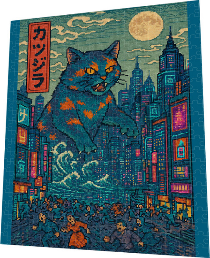 Jigsaw puzzle panel showing blue cat monster in neon city under moon