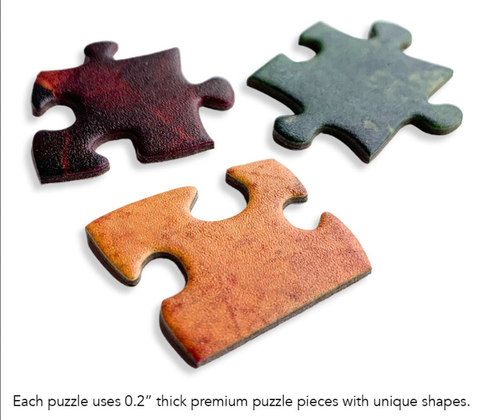 Jigsaw puzzle pieces with cat-and-city artwork in red, green, and orange