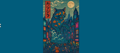 Mug with vertical cityscape graphic showing orange-and-blue cat and moon in night sky