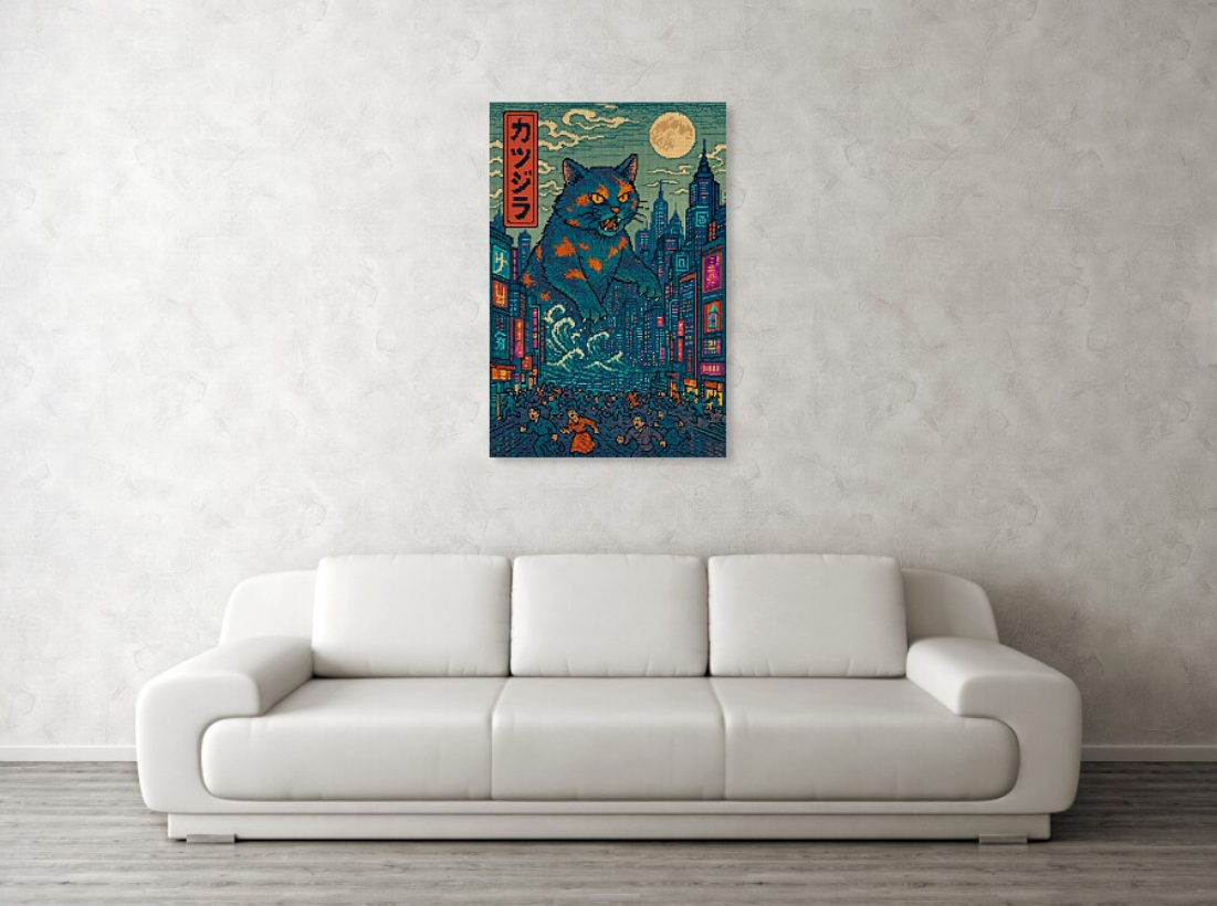 Cat art print on wall with teal city buildings, blue-orange cat, moon and red text