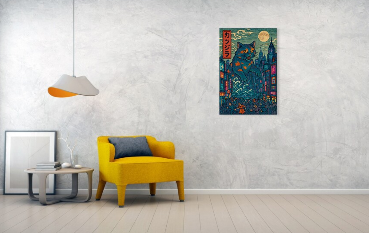 Cat art print above sofa: teal city skyline, blue-orange cat, moon, red vertical text