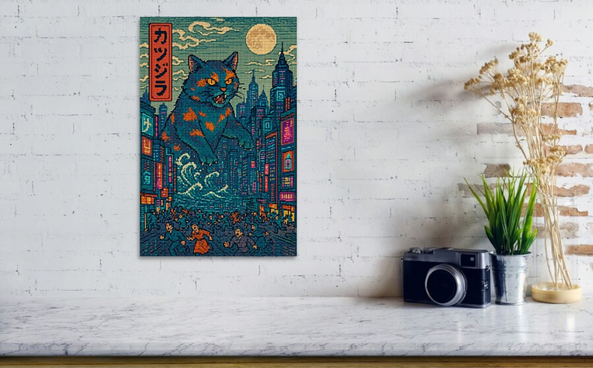 Cat art print: teal city skyline, blue-orange cat, moon, red vertical text