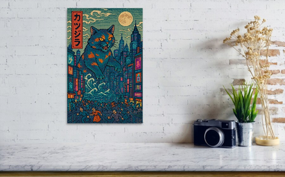 Cat art print: teal city skyline, blue-orange cat, moon, red vertical text