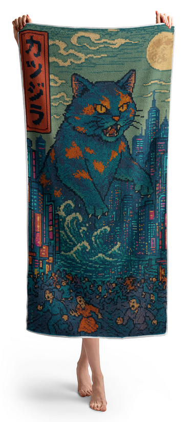 Beach towel with blue and orange cat monster illustration over teal city skyline