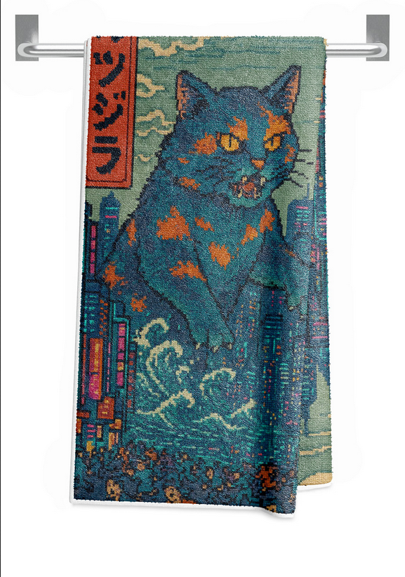 Beach towel with blue and orange cat monster graphic and teal neon city scene