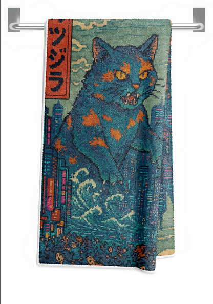 Beach towel with blue and orange cat monster graphic and teal neon city scene