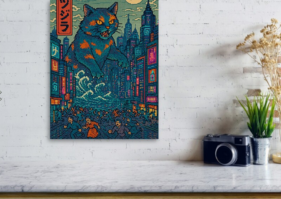 Metal print of blue-orange tabby cat in city skyline at night