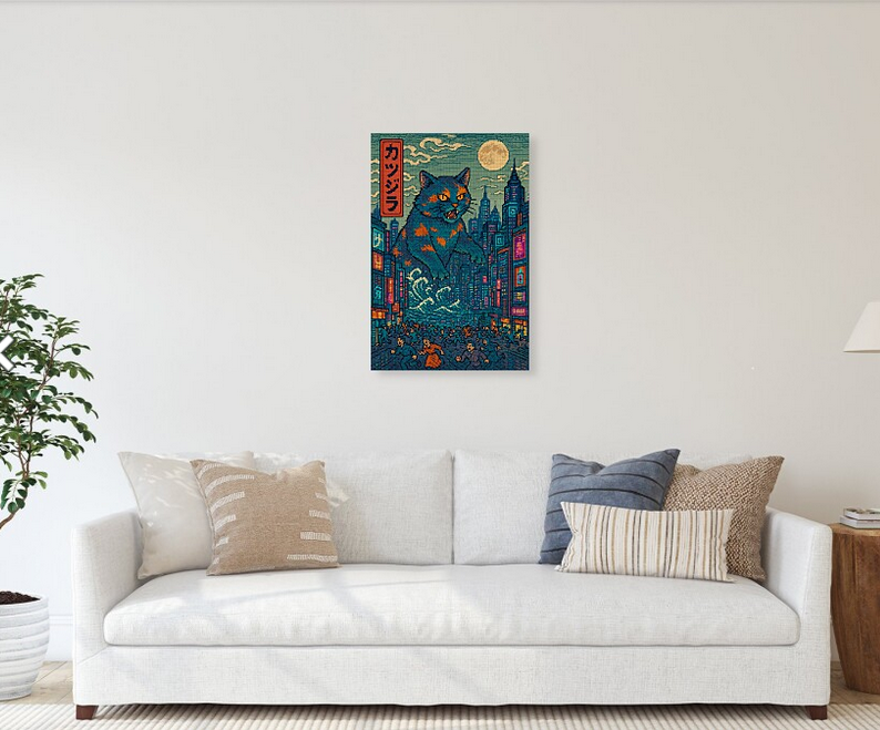 Metal print of blue tabby cat with open mouth over neon city buildings
