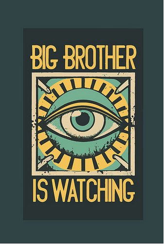Art print with an illustrated eye and bold text reading “Big Brother is Watching”.