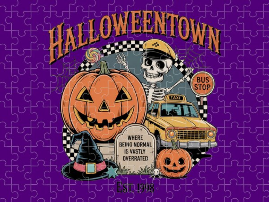 Jigsaw puzzle with jack-o'-lantern, skull, and taxi at bus stop sign