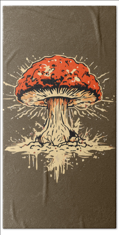 Bath towel with mushroom scene illustration, orange cap and beige gills on dark fabric