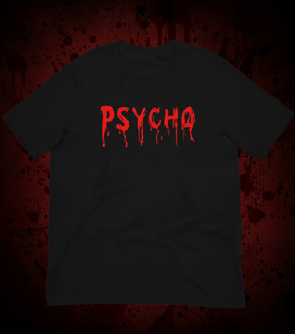 Black crewneck T-shirt with red dripping "PSYCHO" graphic on the front
