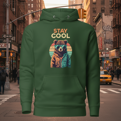 Forest green teddy bear graphic hoodie, back view with drawstring hood