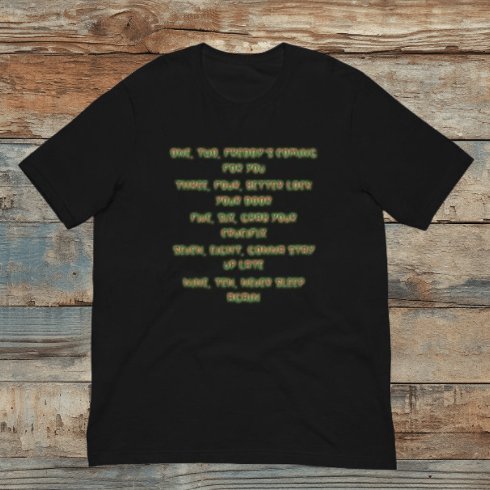 Black horror graphic crewneck T-shirt with neon lettering on the front, short sleeves