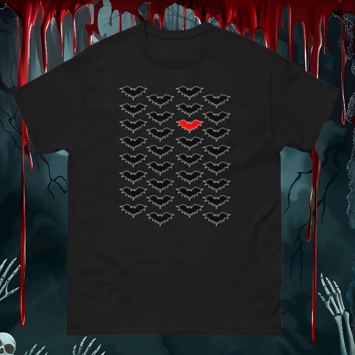 Black T-shirt with bat cluster print in gray and one red bat near center