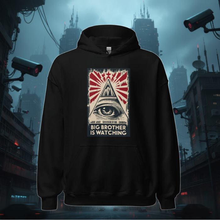 Black hoodie back view with eye-and-pyramid graphic on the center