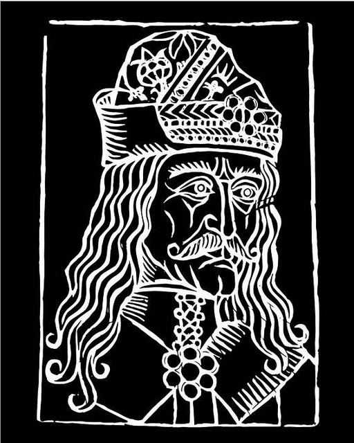Framed black-and-white woodcut portrait of Dracula with ornate crown and ruffled collar.