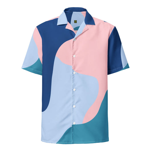 Abstract-pattern button-up shirt with short sleeves, collared neckline, and front buttons