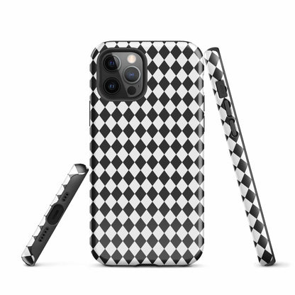 iPhone tough case with black-and-white diamond pattern and camera cutouts