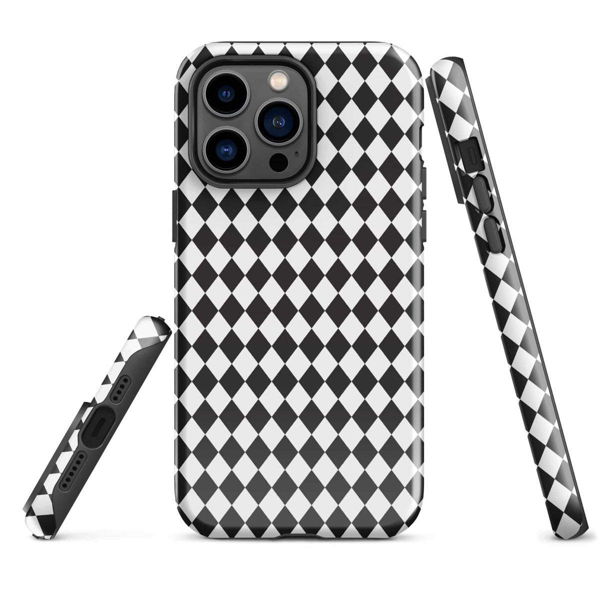 iPhone tough case, black-and-white diamond pattern, raised camera area and strap