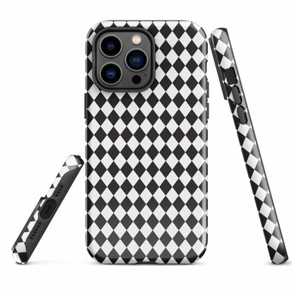 iPhone tough case, black-and-white diamond pattern, raised camera area and strap