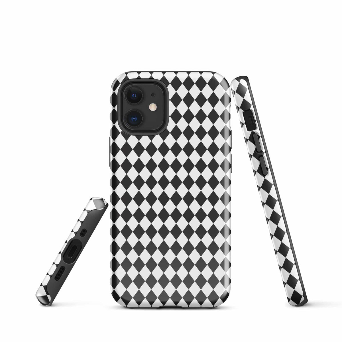 Phone case with black-and-white diamond check pattern; side kickstand strap visible