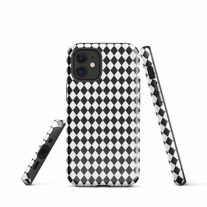 Phone case with black-and-white diamond check pattern; side kickstand strap visible