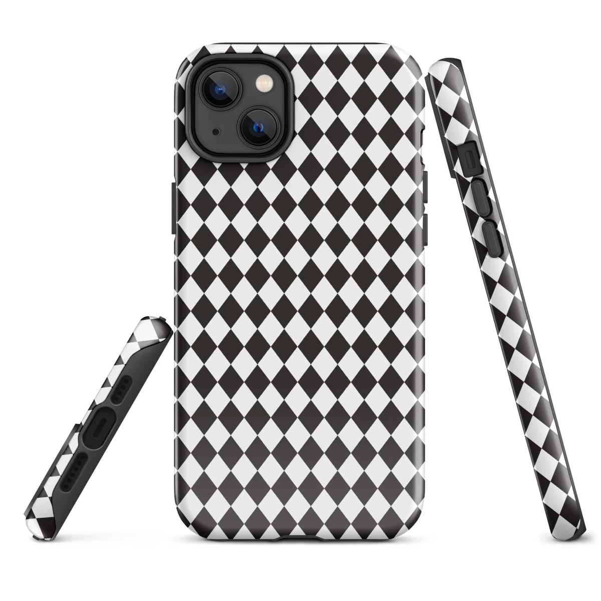 iPhone tough case with diamond pattern, front camera openings, and side grip