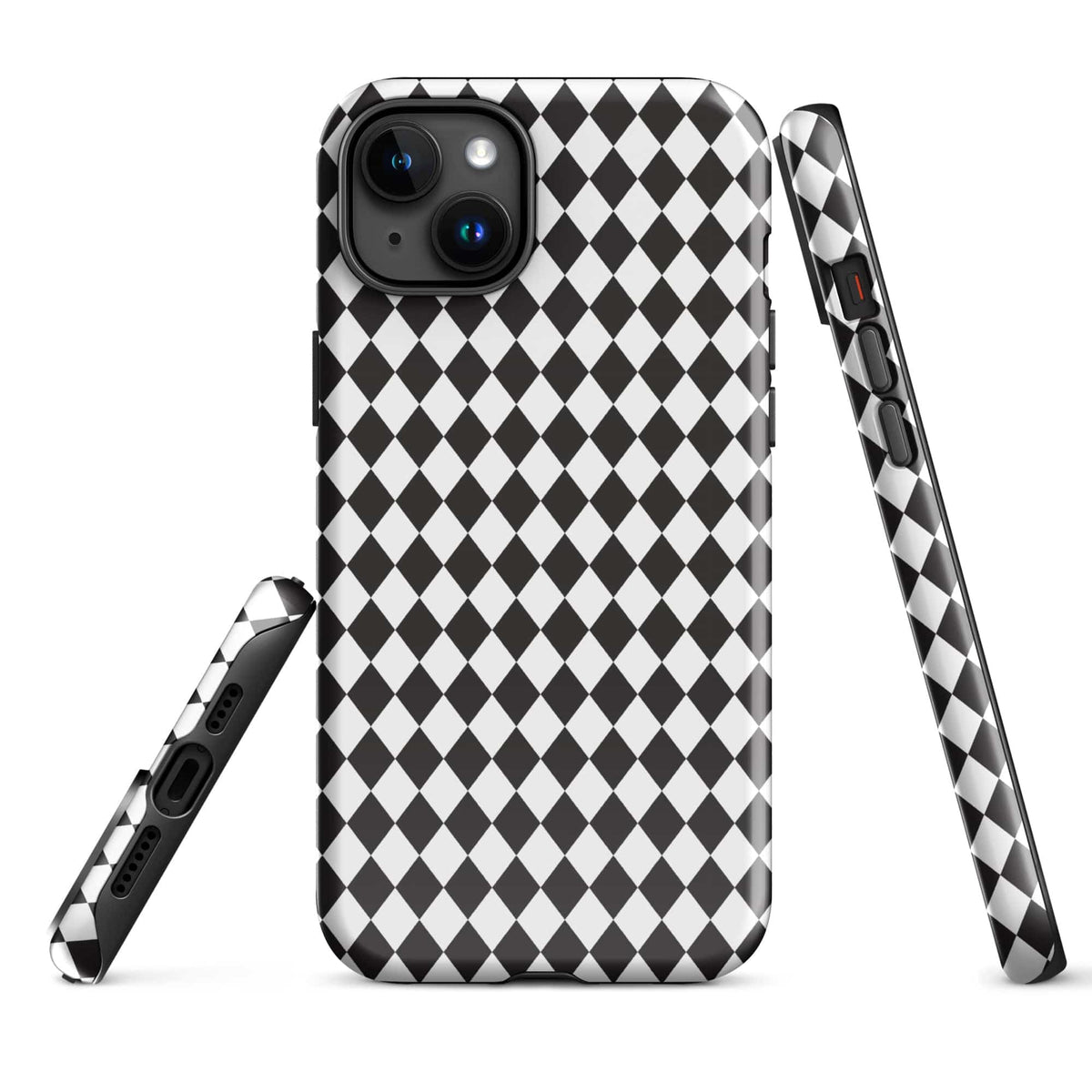 Rugged iPhone case with black and white diamond pattern, side access cutouts, camera bump protection