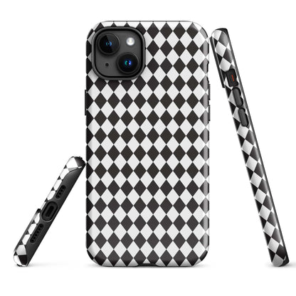 Rugged iPhone case with black and white diamond pattern, side access cutouts, camera bump protection