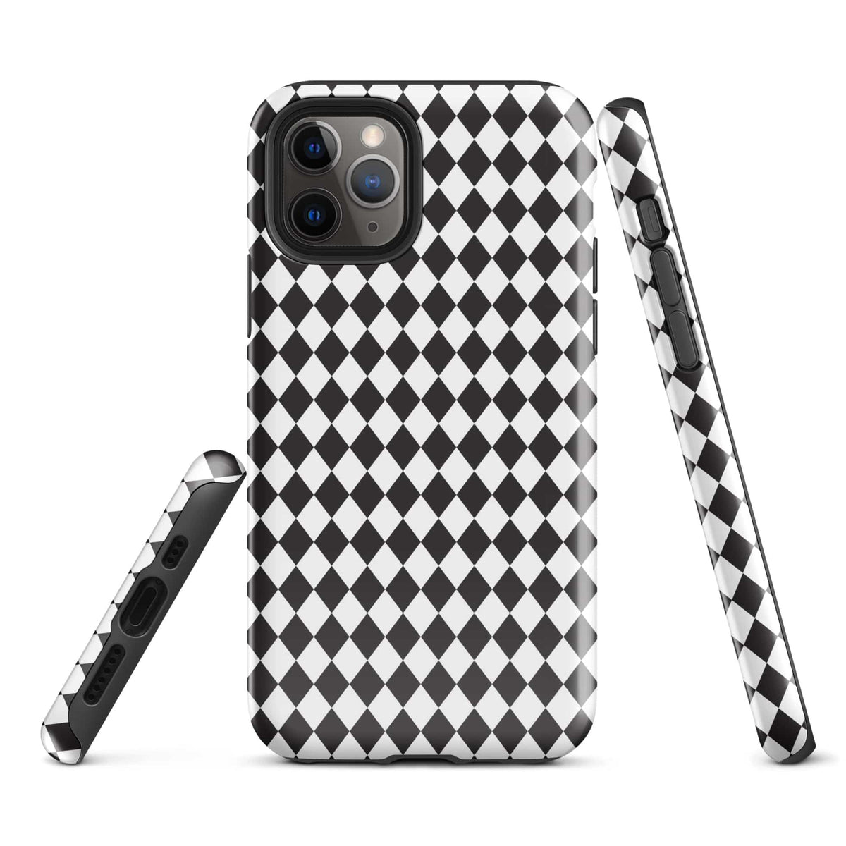 iPhone case with black-and-white diamond check pattern; side strap for grip