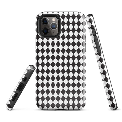 iPhone case with black-and-white diamond check pattern; side strap for grip