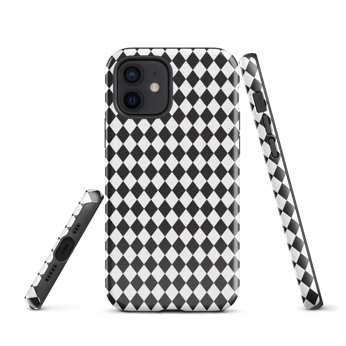iPhone case with black-and-white diamond check pattern and matching strap accessory