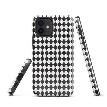 iPhone case with black-and-white diamond check pattern and matching strap accessory