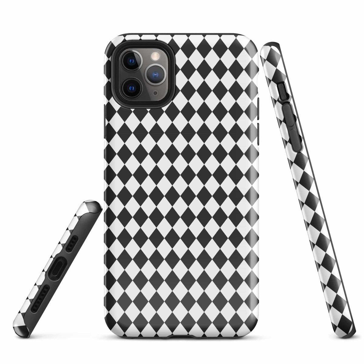 Phone case with black-and-white diamond check pattern and raised camera openings