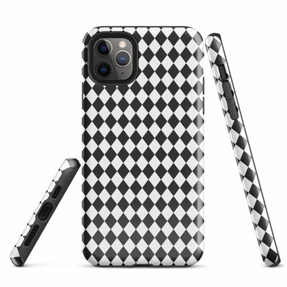 Phone case with black-and-white diamond check pattern and raised camera openings