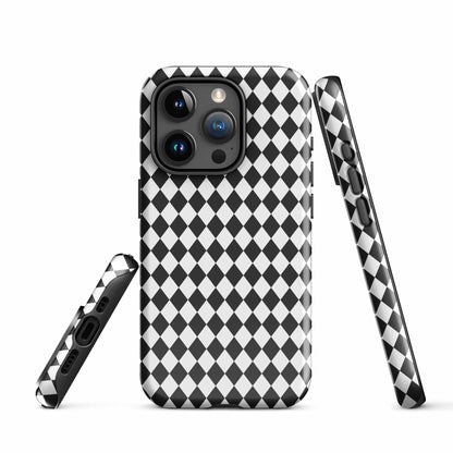 Protective iPhone case with black and white diamond pattern, raised corners and triple camera cover