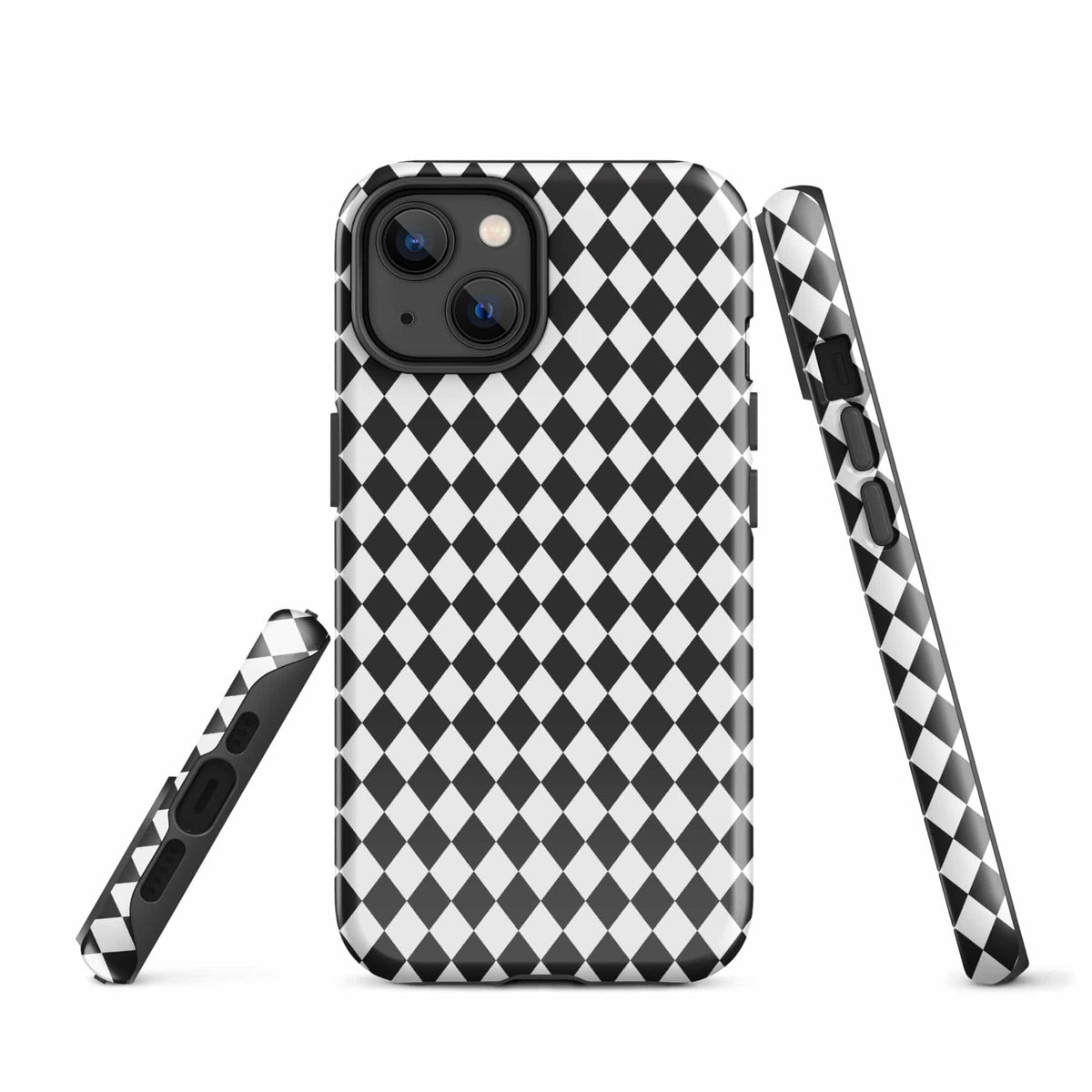 iPhone tough case with black-and-white diamond pattern and side strap details
